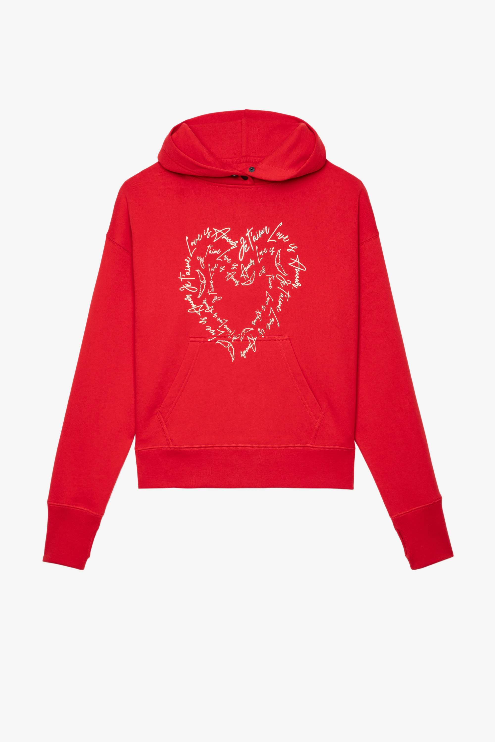 Mia Sweatshirt Women’s red cotton hooded sweatshirt with heart-shaped messages of love