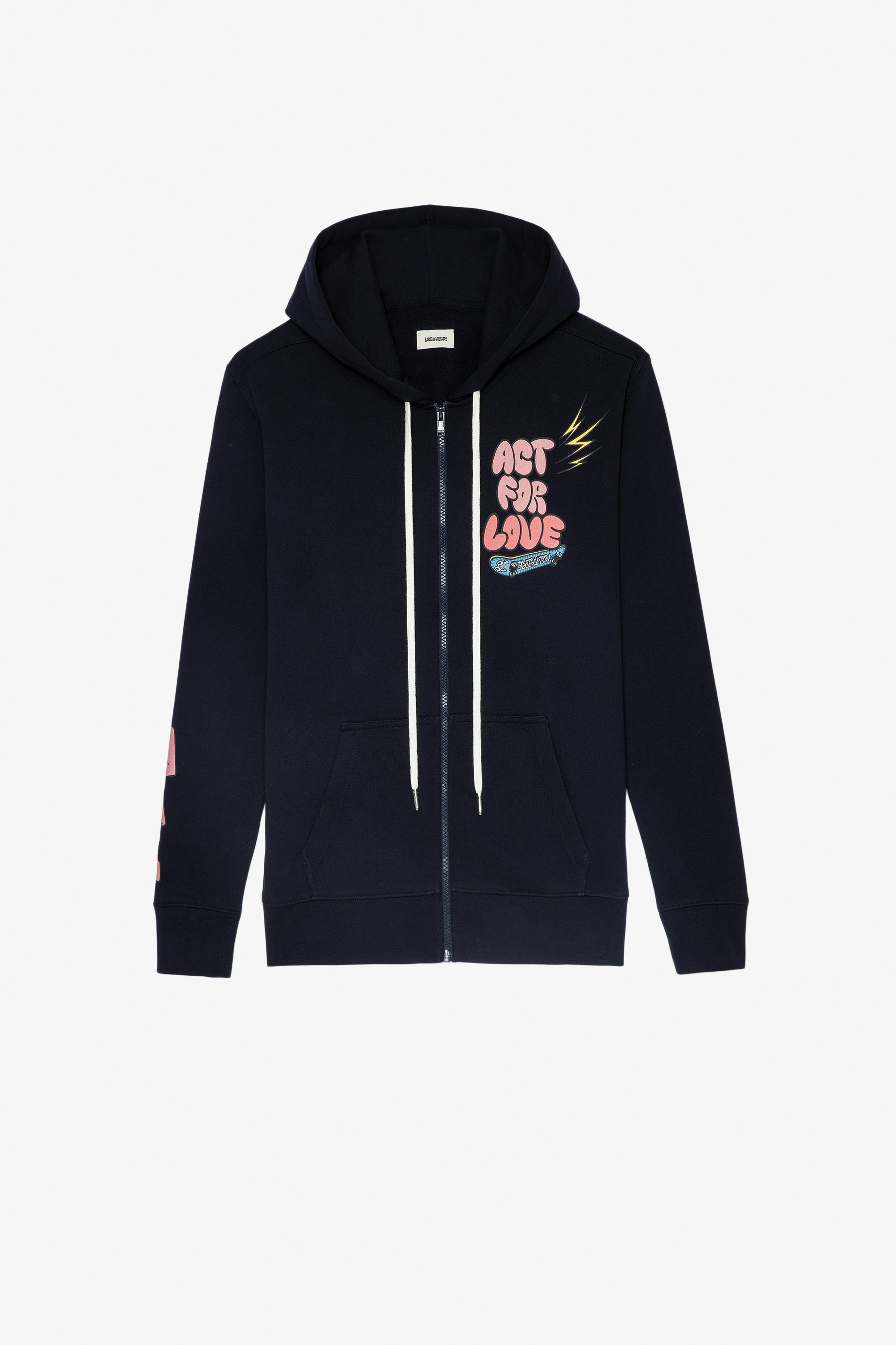 Spencer Hoodie Women's navy blue cotton hoodie with zipper, Core Cho print and ZV signature drawstrings