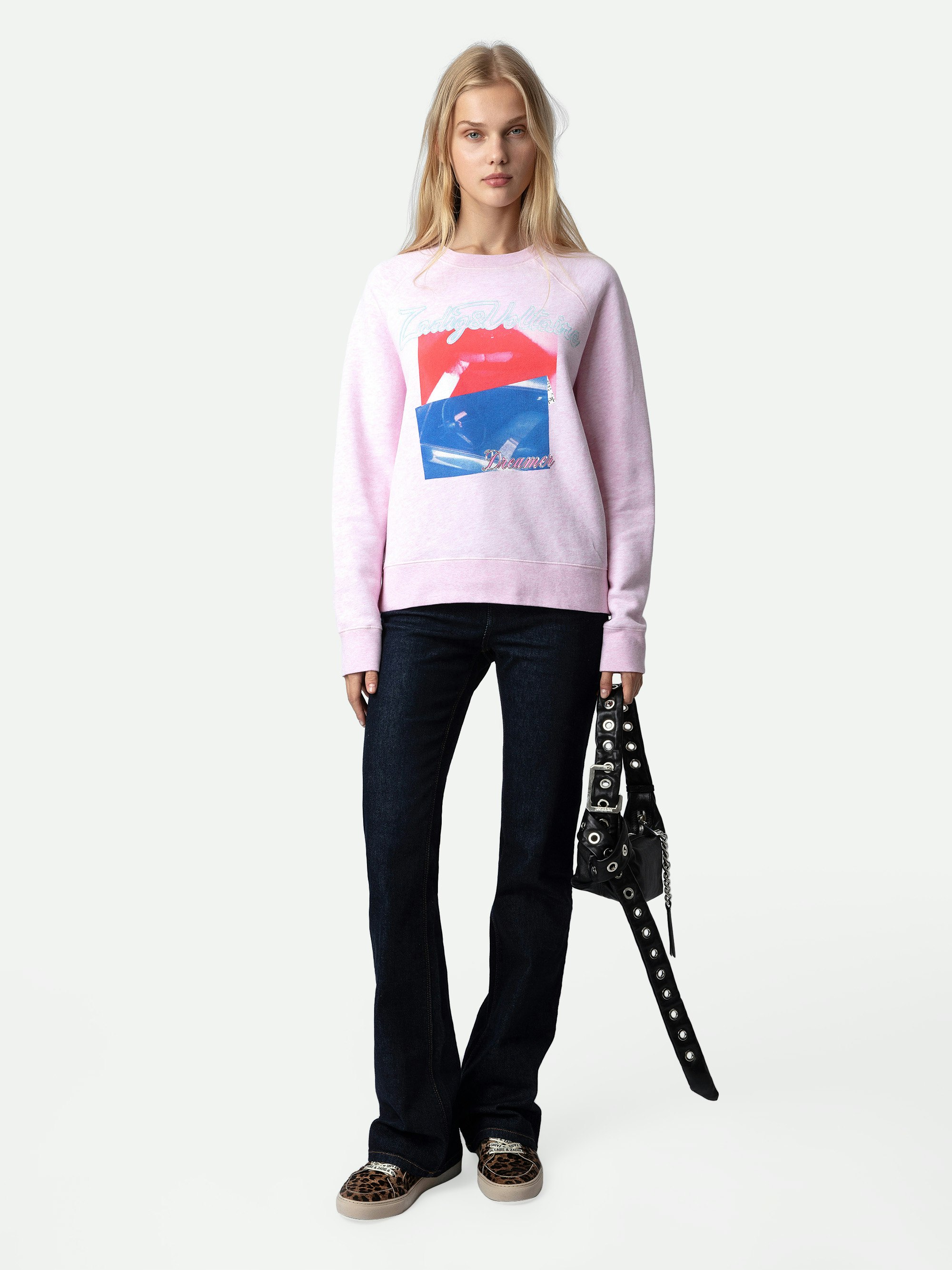 Sweatshirt Upper Fotoprint - Rosafarbenes Damen-Sweatshirt mit Fotoprint auf der Vorderseite.