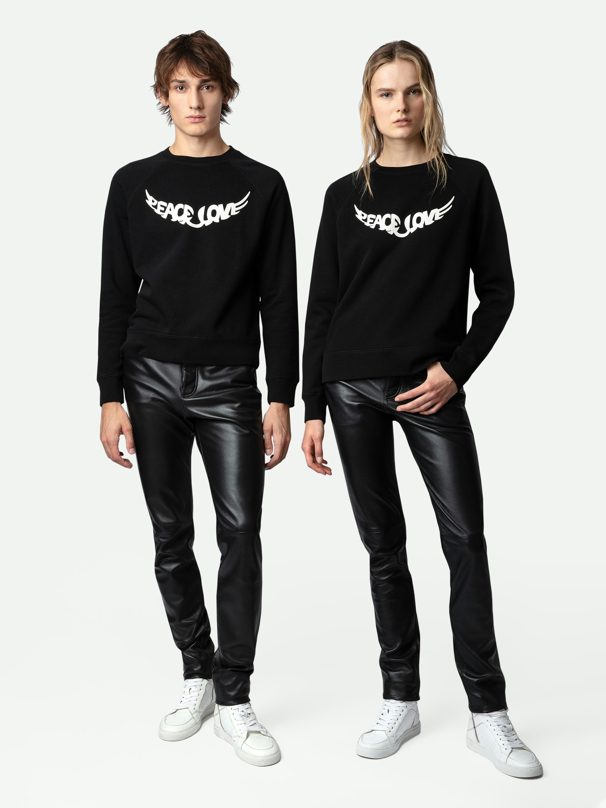 Sweatshirt Upper Peace & Love - Schwarzes Damen-Sweatshirt aus Baumwolle mit flügelförmigem Schriftzug „Peace & Love“.