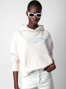 Mia Gimme Love Sweatshirt - Women's ivory hoodie with logo on front and "Gimme Love" print on back.