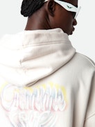Mia Gimme Love Sweatshirt - Women's ivory hoodie with logo on front and "Gimme Love" print on back.