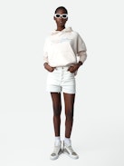 Mia Gimme Love Sweatshirt - Women's ivory hoodie with logo on front and "Gimme Love" print on back.