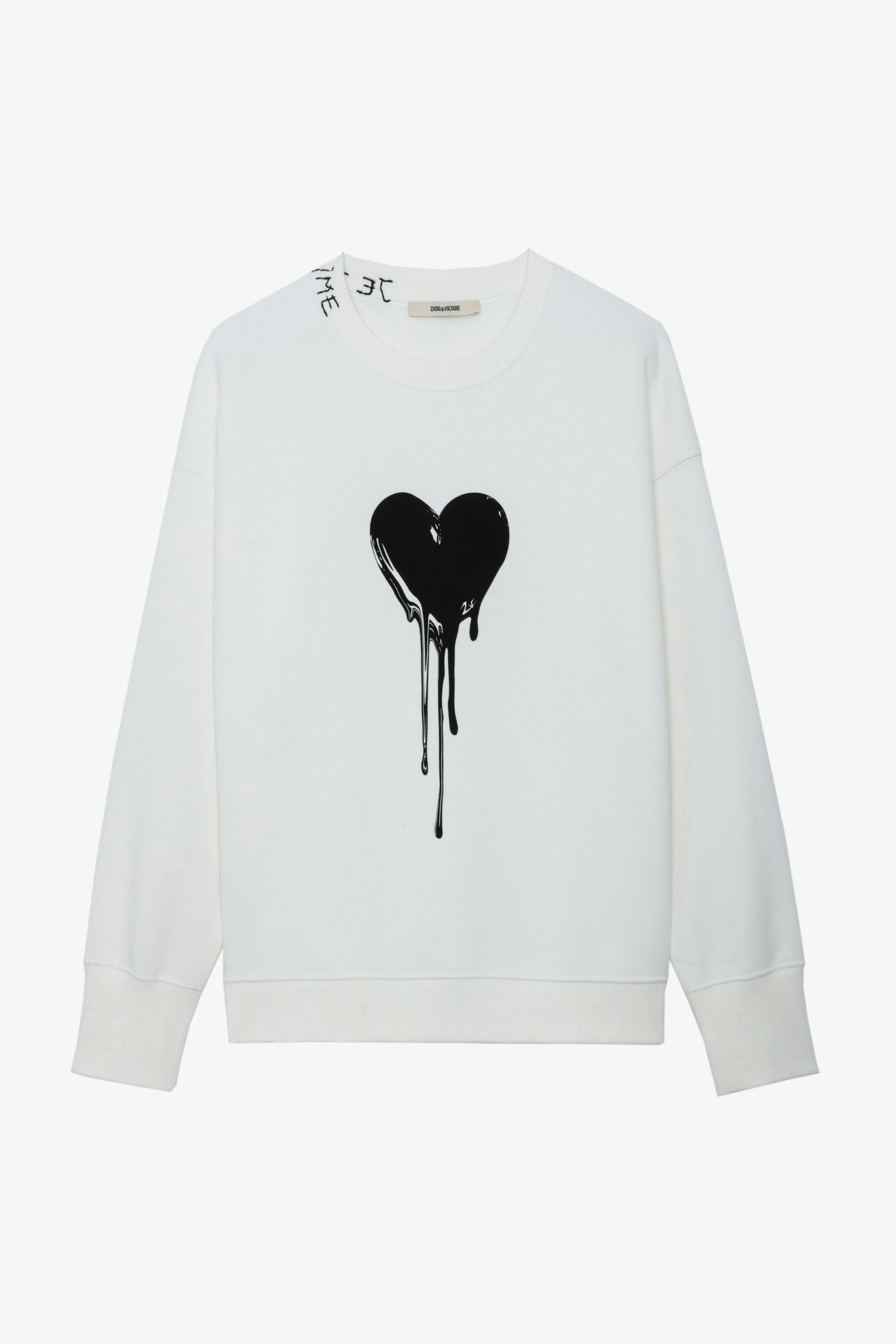 Oscar Heart Sweatshirt - Ecru long-sleeved sweatshirt with melting heart motif and slogan embroidery on the collar.