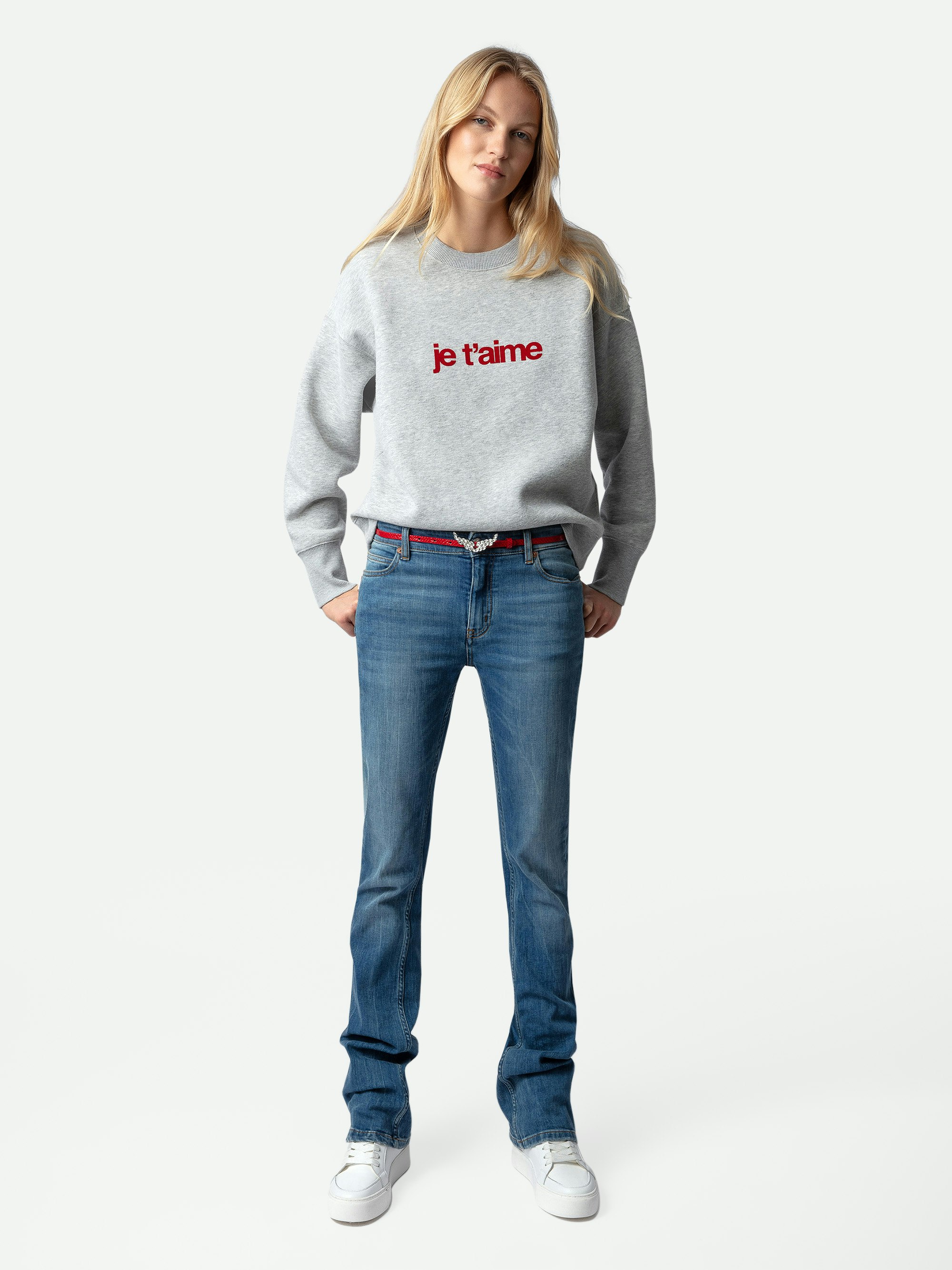 Sweatshirt Oscar Je T'aime - Hellgraues Langarm-Sweatshirt mit Rundhalsausschnitt und aufgeflocktem Schriftzug.