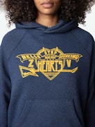 Georgy Sweatshirt - Navy blue fleece hooded sweatshirt with pocket with "Hello Stop Breaking Hearts" print on front.