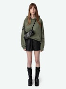 Georgy Sweatshirt - Khaki fleece hooded sweatshirt with pocket embellished with studs, wing prints on the front and badges.