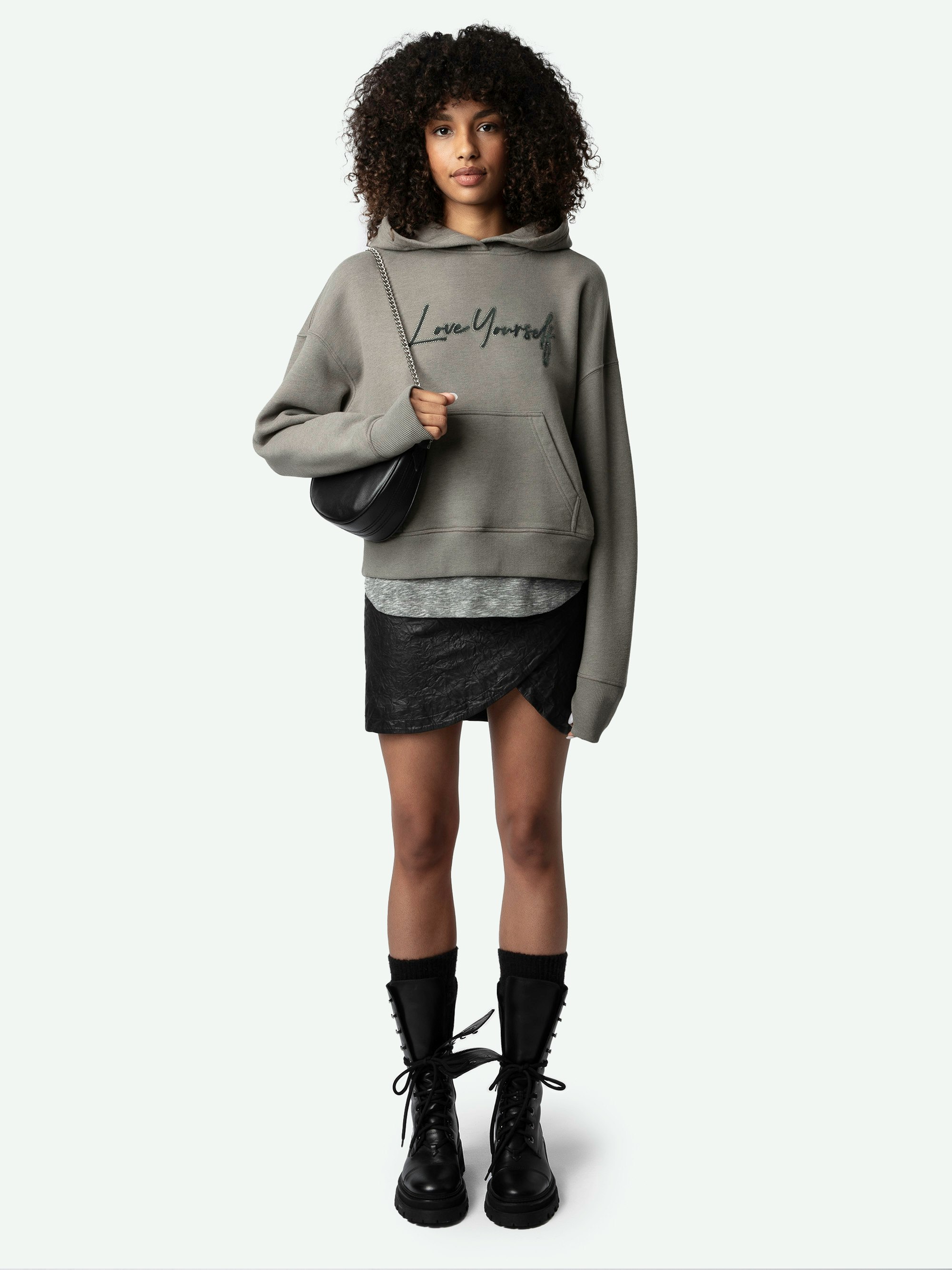 Mia Love Yourself Diamanté Sweatshirt - Long-sleeved grey oversized hooded sweatshirt with flocked "Love Yourself" message embellished with diamanté.