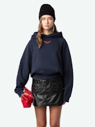 Georgy Photoprint Diamanté Sweatshirt - Navy blue loose-fitting hooded fleece sweatshirt with wing print on front and diamanté photoprint on back.