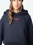 Georgy Photoprint Diamanté Sweatshirt - Navy blue loose-fitting hooded fleece sweatshirt with wing print on front and diamanté photoprint on back.