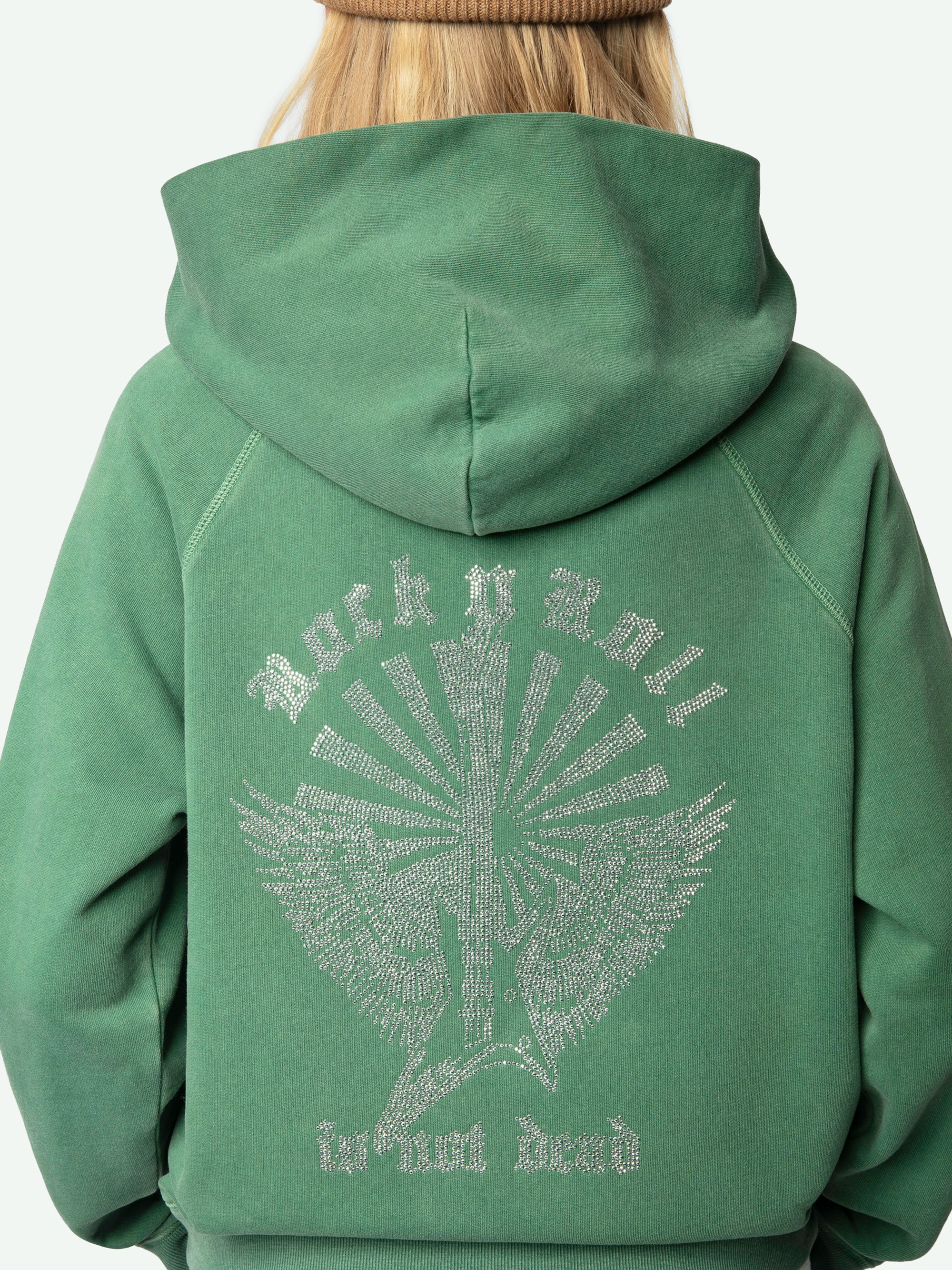 Georgy Sweatshirt - Green organic cotton fleece hoodie with guitar motifs and signature metal wings adorned with rhinestones on the back.