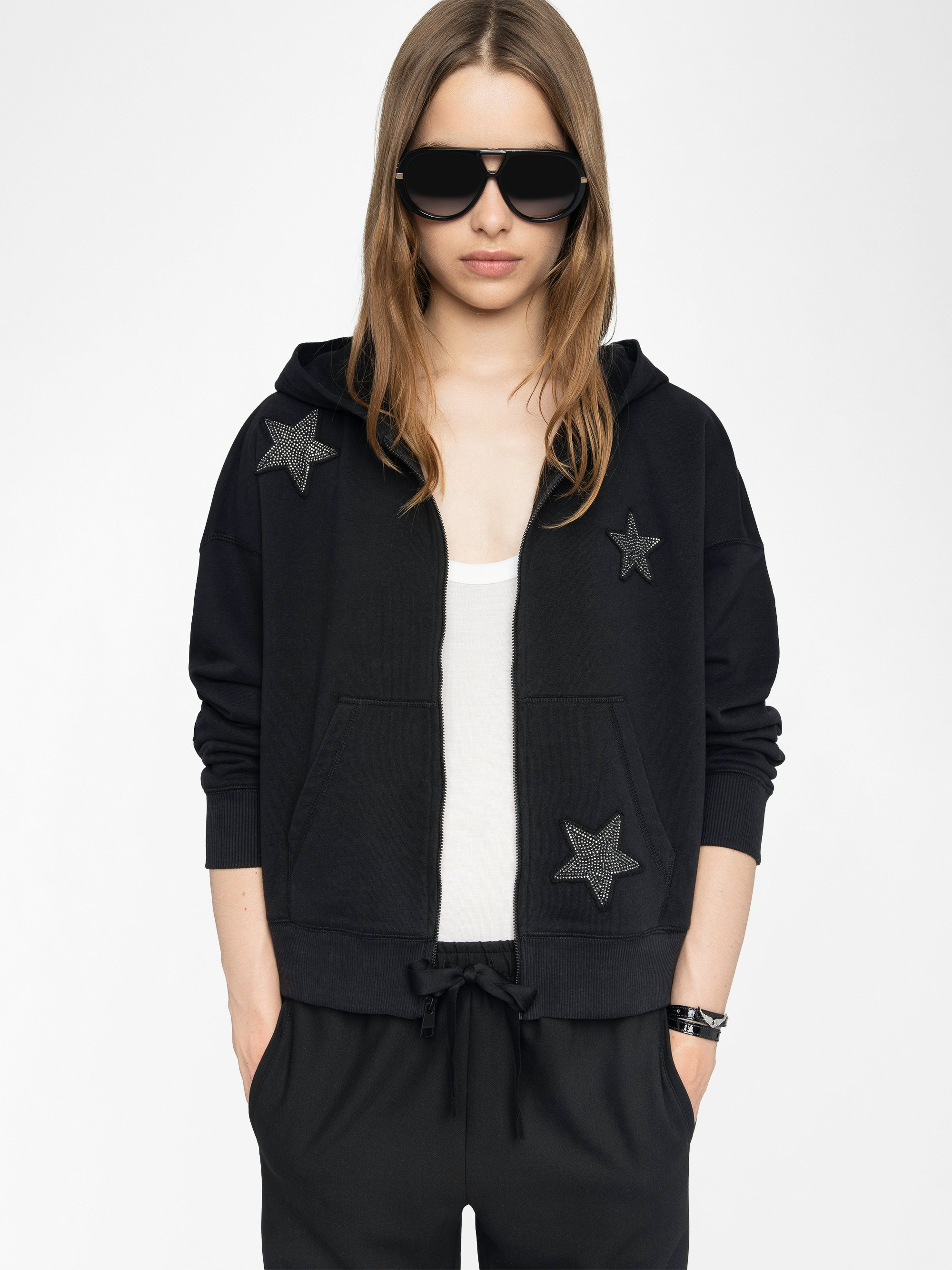 Mia Diamanté Sweatshirt - Women's black zippered hoodie with diamanté stars throughout.