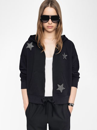 Mia Diamanté Sweatshirt - Women's black zippered hoodie with diamanté stars throughout.