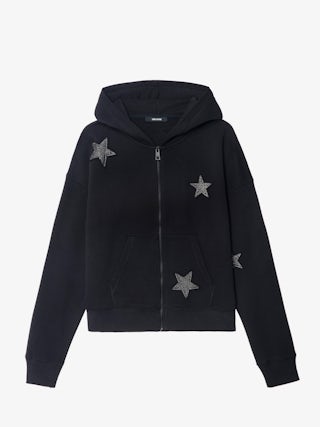 Mia Diamanté Sweatshirt - Women's black zippered hoodie with diamanté stars throughout.