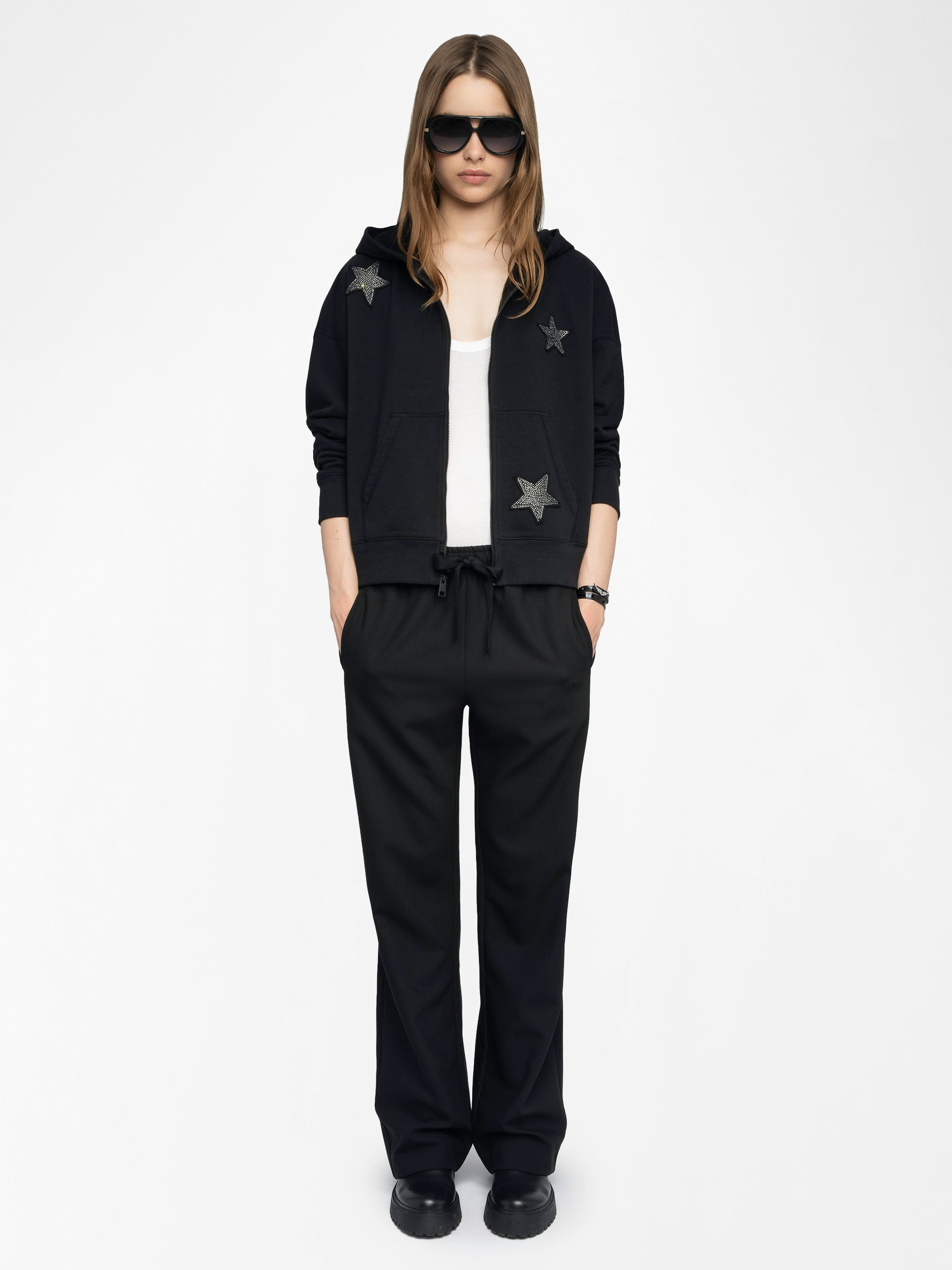 Mia Diamanté Sweatshirt - Women's black zippered hoodie with diamanté stars throughout.