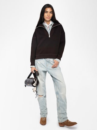 Maya Sweatshirt - Sweatshirt with high collar and zip closure with embroidery and rhinestones on back.