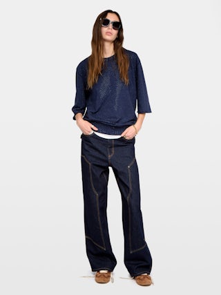 Sweatshirt Edmond - Sweatshirt oversize manches 3/4 effet usé à strass.