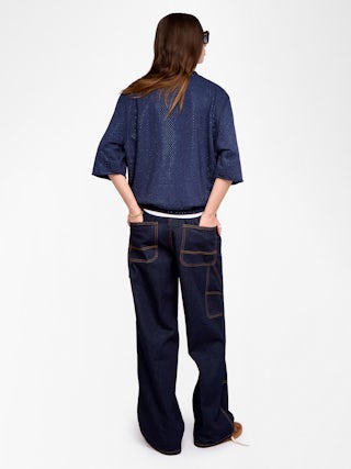 Edmond Sweatshirt - Oversized short-sleeved sweatshirt with worn effect and rhinestones.