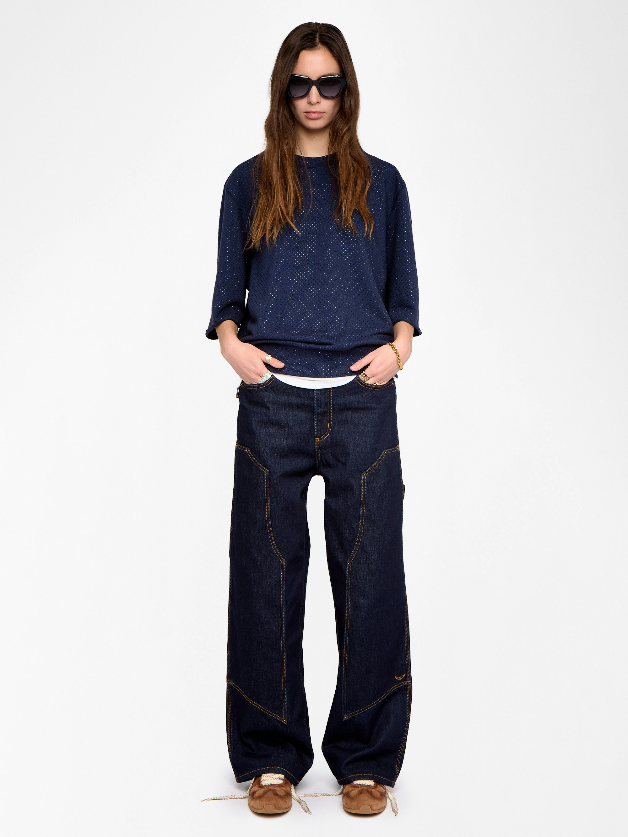 Sweatshirt Edmond - Oversize-Sweatshirt mit 3/4-Ärmeln in Used-Optik mit Strass.