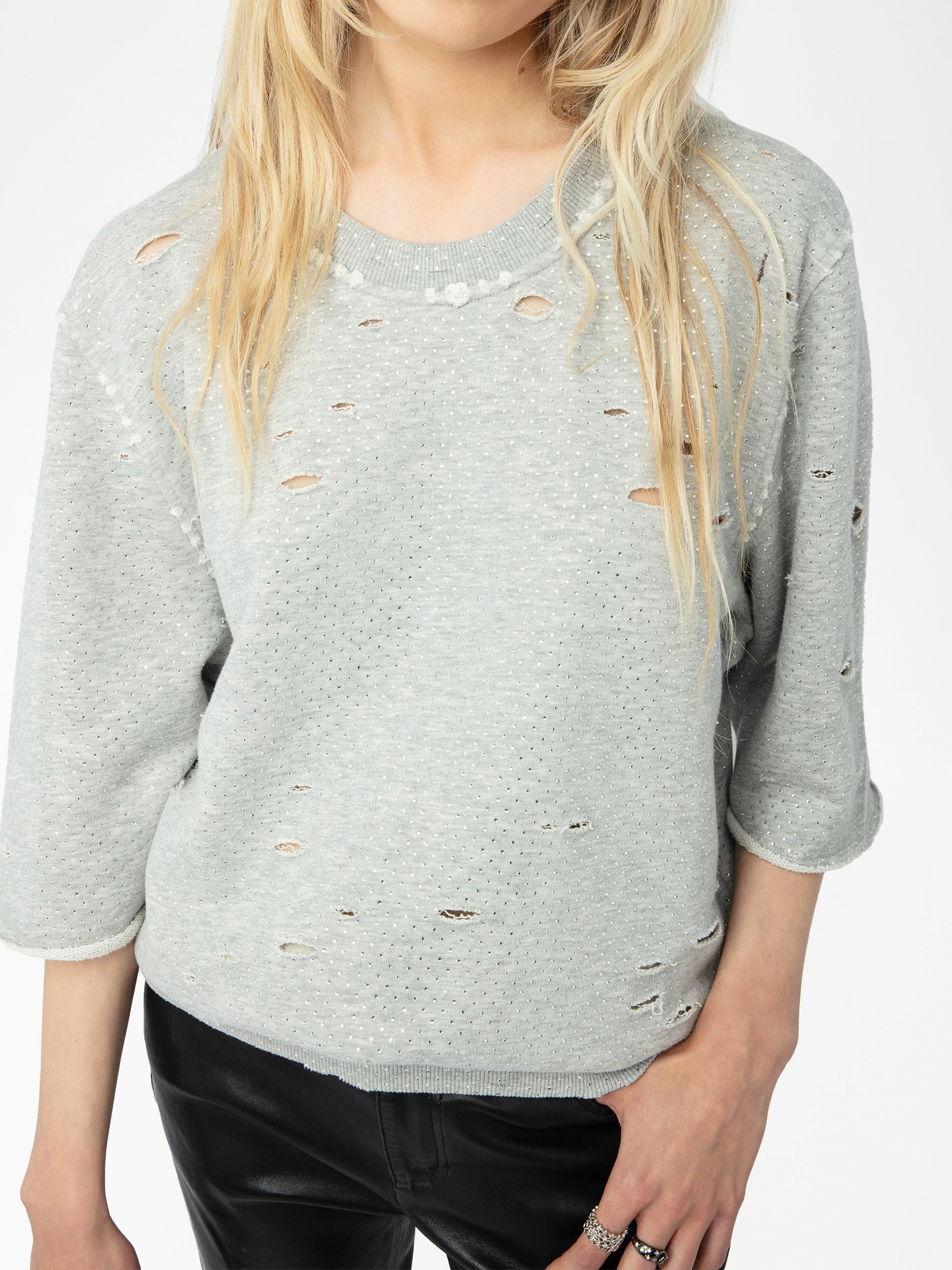 Edmond Diamanté Sweatshirt - Women's grey short sleeved sweatshirt with distressing.