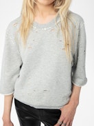Edmond Diamanté Sweatshirt - Women's grey short sleeved sweatshirt with distressing.