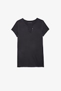 L'amour est déclaré Henley T-shirt - Carbon cotton T-shirt with Henley neckline and “L'amour est déclaré” in diamanté on the back