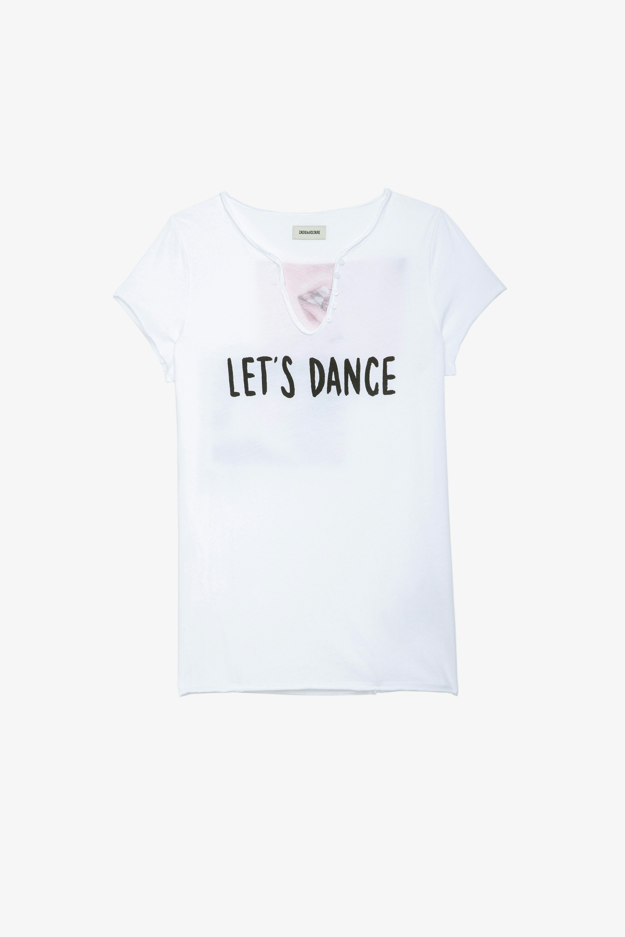 T-Shirt mit Henley-Ausschnitt Let's dance Damen-T-Shirt aus weißer Baumwolle „Let's dance“