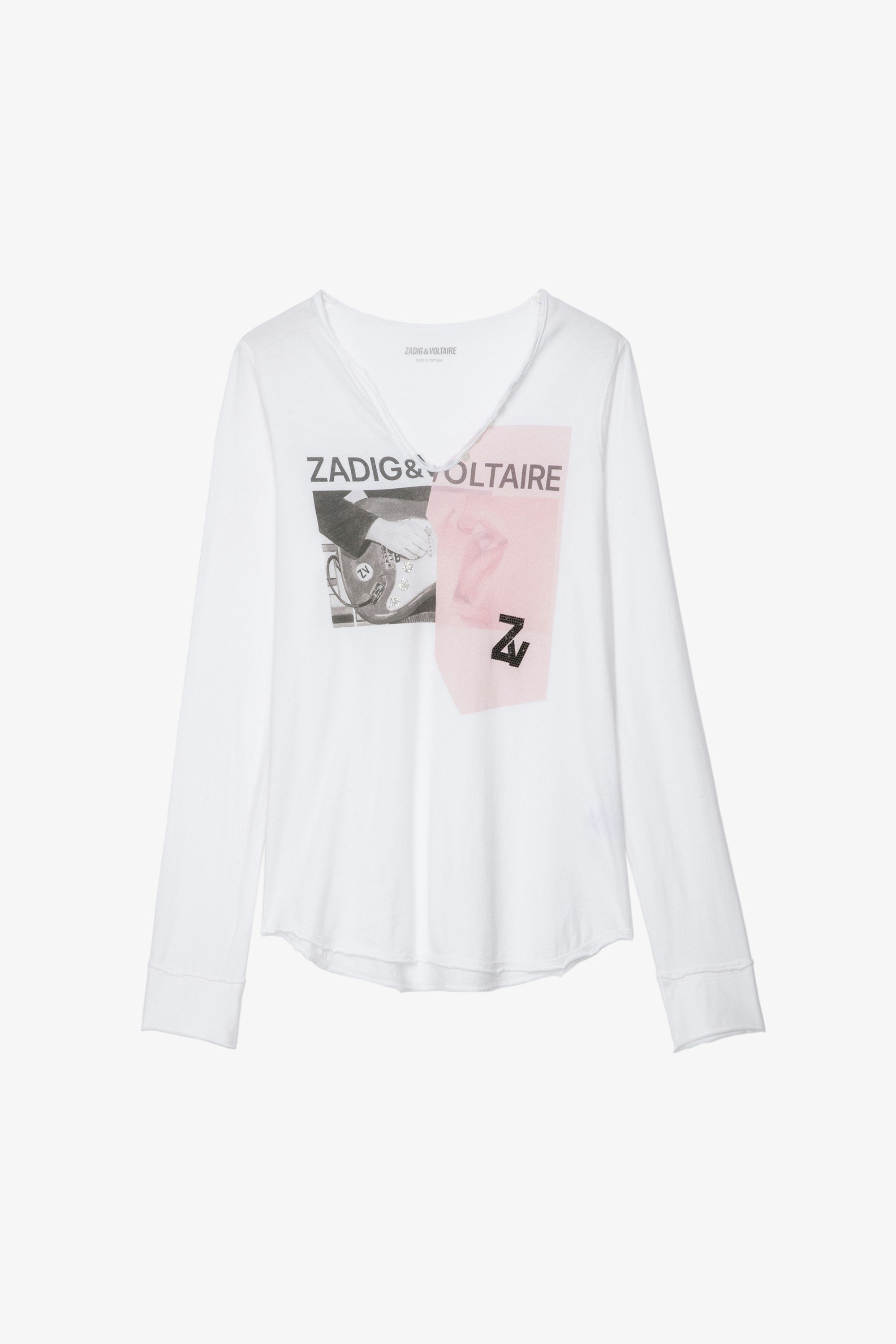T-shirt Tunisien Photoprint T-shirt a maniche lunghe in cotone bianco con stampa ZV tempestata di cristalli, Donna