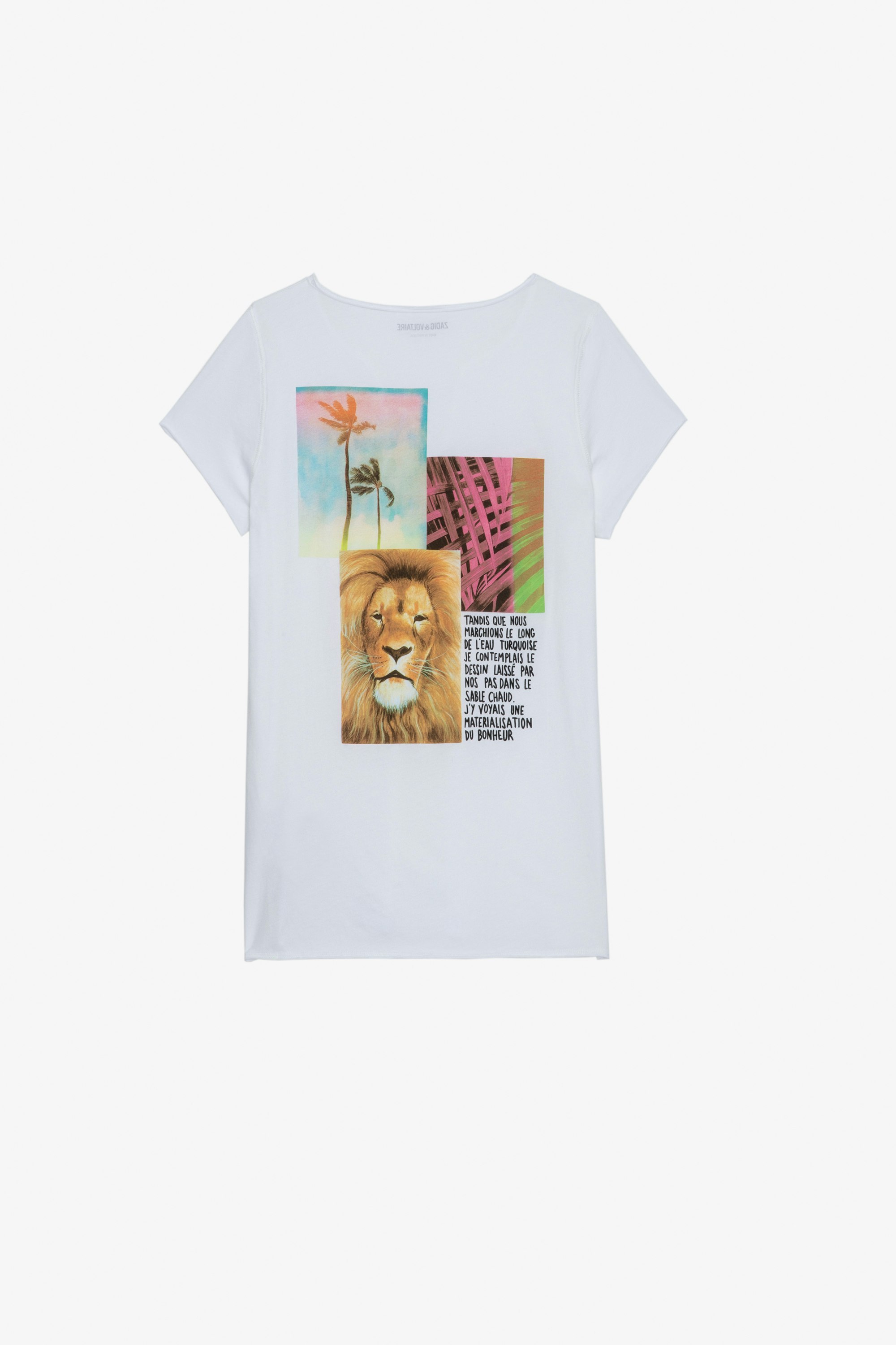 Henley T-Shirt ホワイト チュニジアンカラー Tシャツ 背中にライオンとパームツリープリント レディース