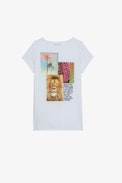 Henley T-shirt - Women's white Henley T-shirt with palm tree and lion print on the back