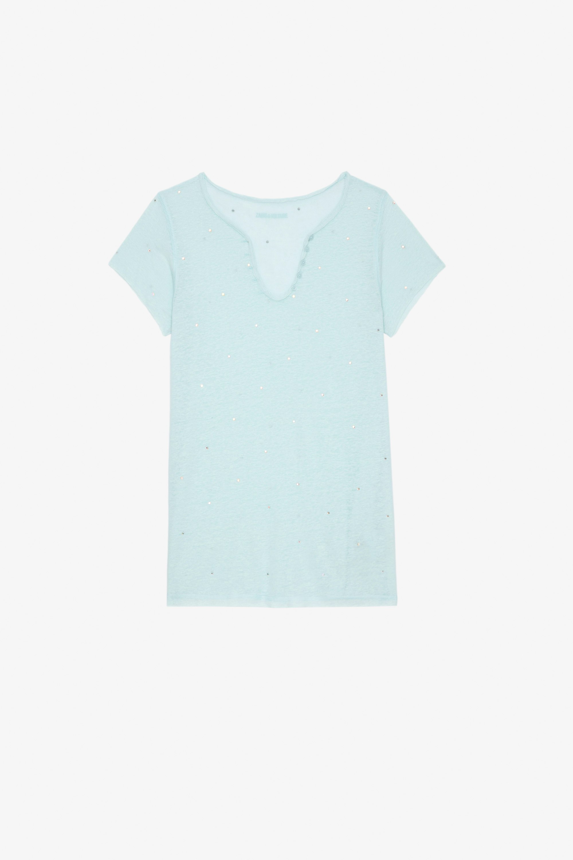 Henley T-Shirt Women's sky-blue rhinestone-studded Henley T-shirt