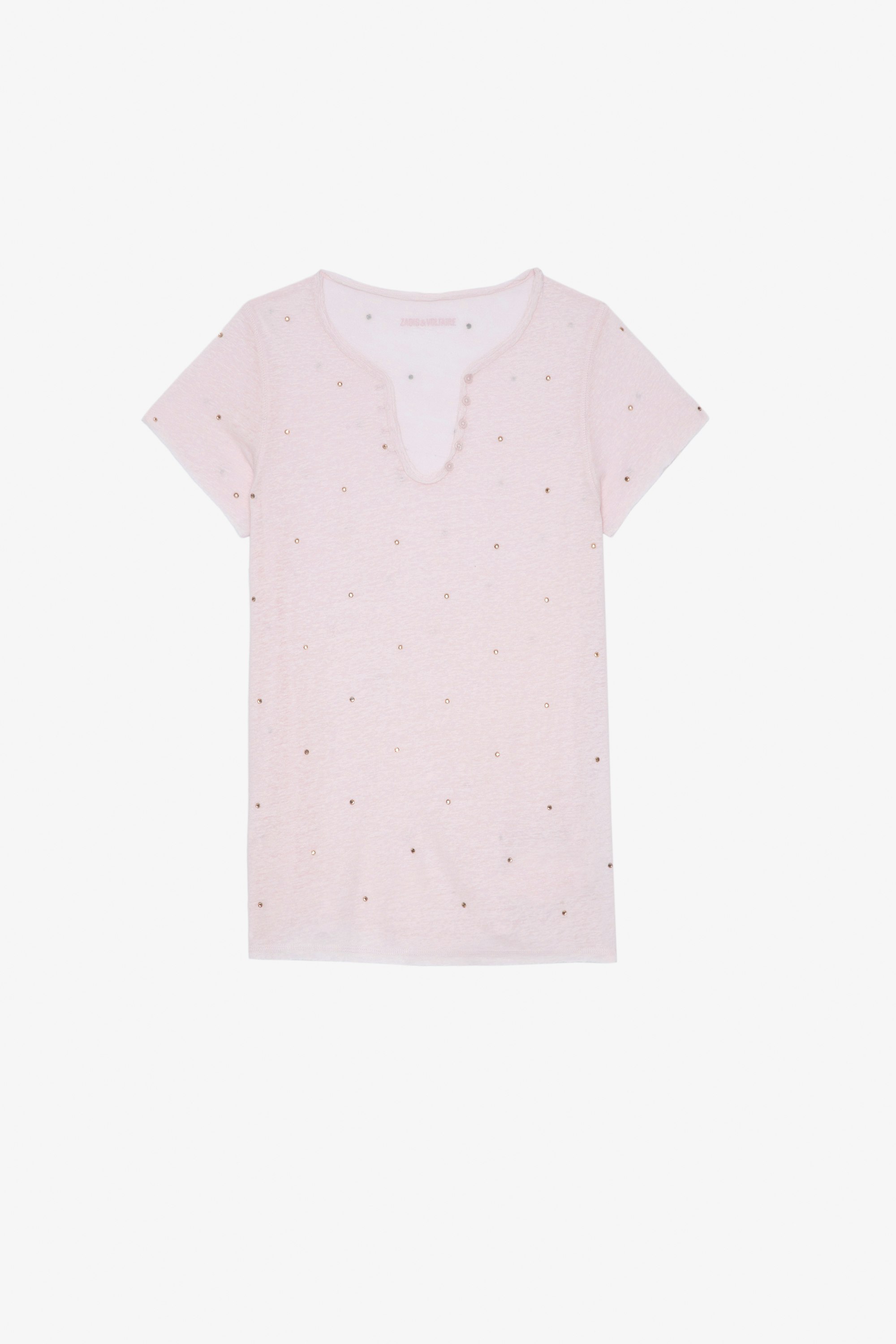 Henley T-Shirt Women's pink rhinestone-studded Henley T-shirt