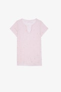Henley T-shirt - Women's pink rhinestone-studded Henley T-shirt