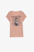 Guitar Henley T-shirt - Women’s beige cotton Henley T-shirt with guitar and floral motifs and “Art Is Truth” slogan on the back