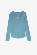Henley Mesh Skull T-shirt - Women’s sky-blue cotton T-shirt with Henley neckline and long sleeves, featuring a skull panel on the back