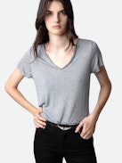 Tunisien Bijoux - T-shirt tunisien gris chiné orné de boutons bijoux.