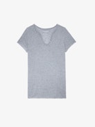 Tunisien Bijoux - T-shirt tunisien gris chiné orné de boutons bijoux.