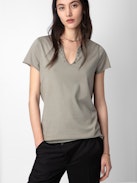 Insignia Henley T-shirt - Brown cotton short-sleeved Henley T-shirt with insignia and customized details by Humberto Cruz.