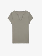 Insignia Henley T-shirt - Brown cotton short-sleeved Henley T-shirt with insignia and customized details by Humberto Cruz.