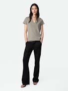 Insignia Henley T-shirt - Brown cotton short-sleeved Henley T-shirt with insignia and customized details by Humberto Cruz.