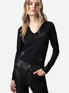 Diamanté Henley Top - Black cotton Henley T-shirt with diamanté-embellished long sleeves and customised details designed by Humberto Cruz.