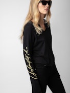 Crop Concert Crush Henley Top - Black cotton cropped Henley top with long sleeves and Concert and Crush prints.