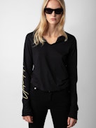 Crop Concert Crush Henley Top - Black cotton cropped Henley top with long sleeves and Concert and Crush prints.