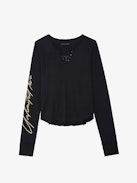 Crop Concert Crush Henley Top - Black cotton cropped Henley top with long sleeves and Concert and Crush prints.