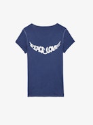 T-Shirt mit Henley-Ausschnitt Peace & Love Wings - Blaues Kurzarm-T-Shirt mit Henley-Ausschnitt aus Bio-Baumwolle mit „Peace Love“-Flügelmotiv auf dem Rücken.