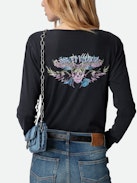 Tunisien Concert - Dark grey organic cotton Henley T-shirt with long sleeves, Concert motif, and skull and wings on the back.