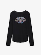 Tunisien Concert - Dark grey organic cotton Henley T-shirt with long sleeves, Concert motif, and skull and wings on the back.