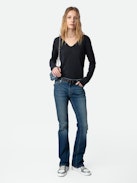 Tunisien Concert - Dark grey organic cotton Henley T-shirt with long sleeves, Concert motif, and skull and wings on the back.