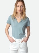 Diamanté Henley T-shirt - Light blue cotton short-sleeved Henley T-shirt with diamanté.