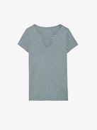 Diamanté Henley T-shirt - Light blue cotton short-sleeved Henley T-shirt with diamanté.